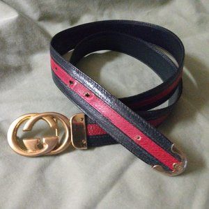 ❤️70's Vintage GUCCI GG BUCKLE Red / Navy Leather Reversible Belt Size 95 / 38
